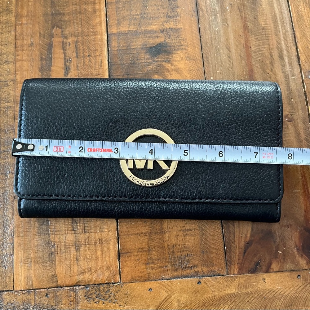 Michael Kors Leather Bifold Wallet Long Black Gold Logo Large Coin Pouch Snap - Picture 10 of 11